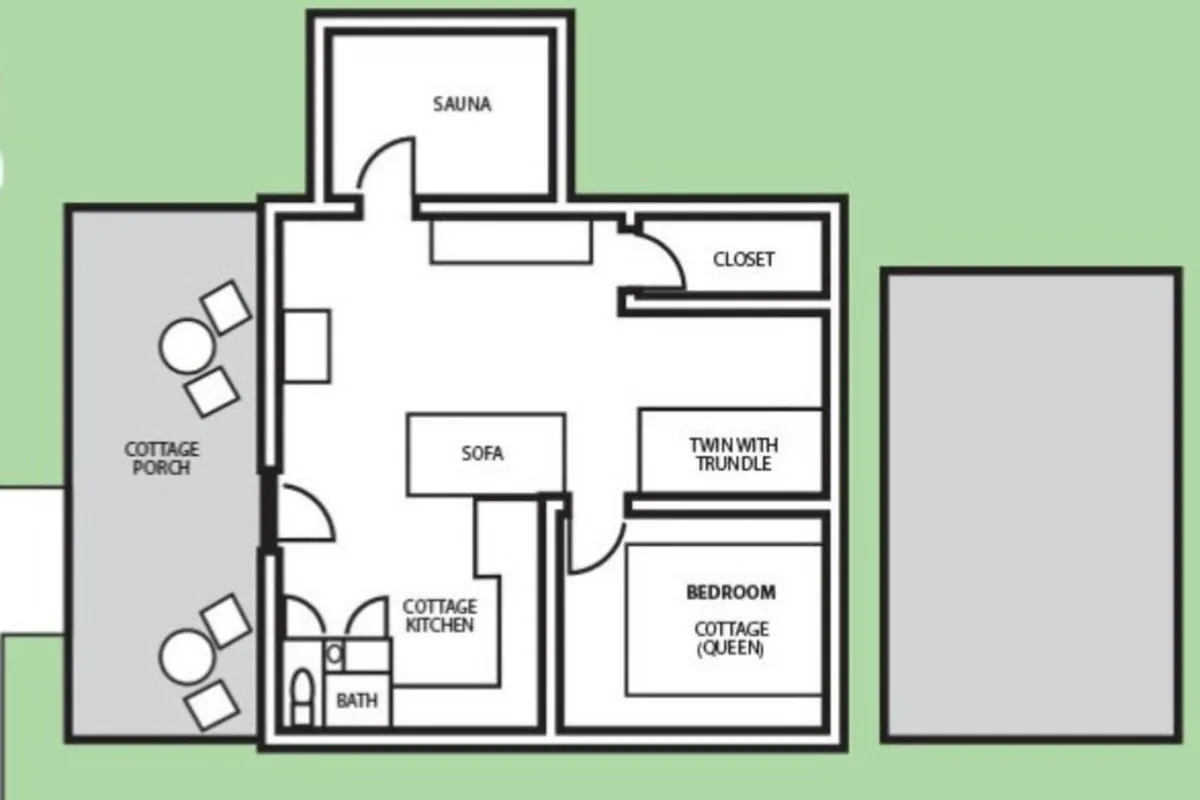 A cozy, inviting interior scene showing the cottage's main living area with a plush queen-sized bed, a twin bed with trundle, a comfortable sofa, and a view of the compact kitchen. There is also a sauna visible in the background, emphasizing multiple amenities in a single-level open layout.